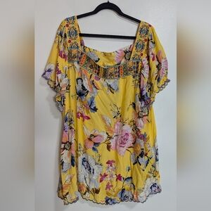 NWT Johnny Was Brisbane Embroidered Yellow Floral Square Neck Plus Size Top 3X